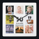 50th birthday photo collage guy square wall clock<br><div class="desc">A wall clock as a gift for a 50th birthday for a guy,  celebrating his life with a collage of 8 of your own photos.  Templates for a name,  age 50 and a date.  Date of birth or the date of the anniversary.  Black coloured letters.  White background.</div>