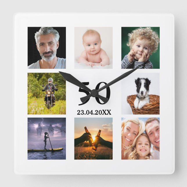 50th birthday photo collage guy square wall clock (Front)
