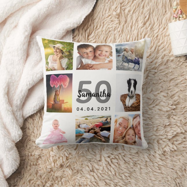 50th birthday photo collage woman white throw pillow (Blanket)