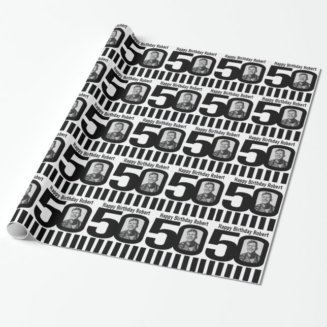 50th Birthday photo fun black and white wrapping Wrapping Paper (Unrolled)