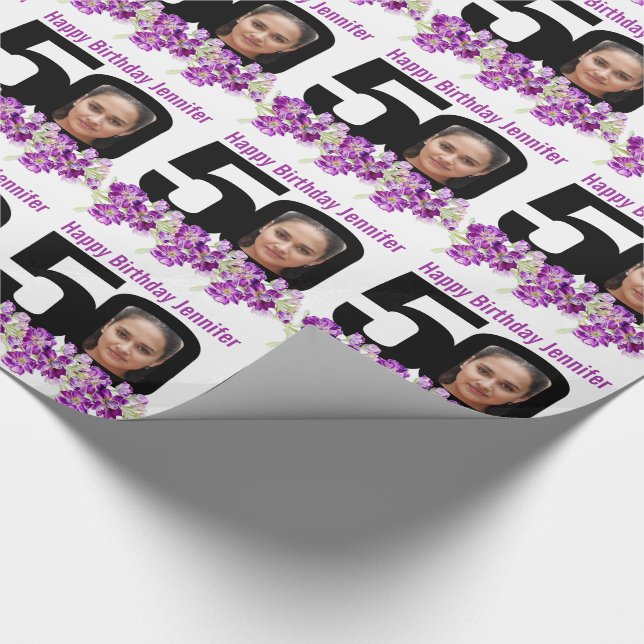 50th Birthday photo fun mono and purple flowers Wrapping Paper (Corner)