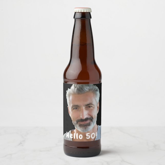 50th birthday photo hello 50 guys men beer bottle label (Front)