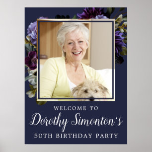 50th Birthday Photo Moody Purple Floral Welcome Poster