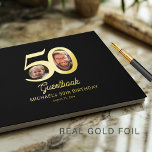 50th Birthday photo name black gold  Guest Book<br><div class="desc">Trendy bold real gold foil typography 50 years man birthday elegant personalized guest book with 2 photos and modern retro style script. Easy to customize with your text and pictures.</div>