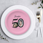50th Birthday photo name personalized pink black Paper Plate<br><div class="desc">Trendy bold typography 50 years woman birthday funny personalized paper plates template with 2 photos and modern retro style black script. Easy to customize with your text and pictures.</div>