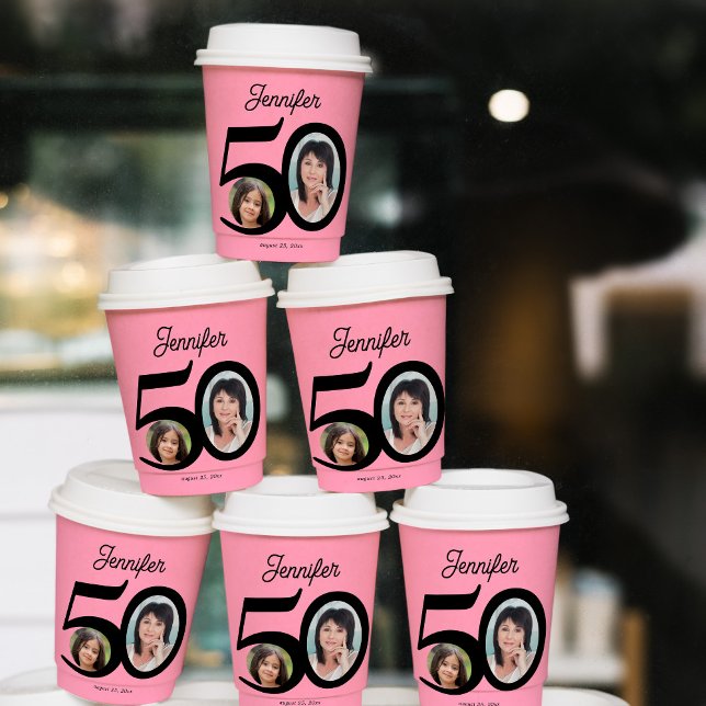 50th Birthday photo name personalized pink Paper Cups (Creator Uploaded)