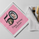 50th Birthday photo name pink black personalized Napkin<br><div class="desc">Trendy bold typography 50 years woman birthday funny personalized paper napkins template with 2 photos and modern retro style black script. Easy to customize with your text and pictures.</div>