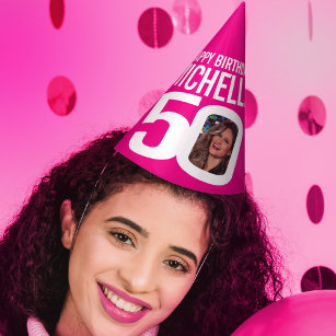 50th birthday photo personalized white hot pink party hat