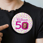 50th birthday photo pink golden yellow confetti 1 inch round button<br><div class="desc">Bright colourful confetti random dots birthday 50th surprise party button. In deep pink, red, coral, golden yellow and yellow on white. Add your own birthday girl's photo in the centre of the 0 in 50 and customize with your own fiftieth birthday girls name. Other matching items and milestone birthday years...</div>