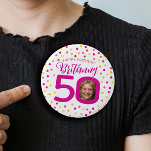 50th birthday photo pink golden yellow confetti 1 inch round button
