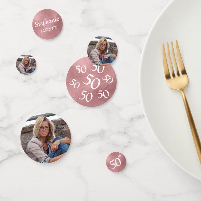 50th Birthday Photo Rose Gold Foil Table Confetti (Group)