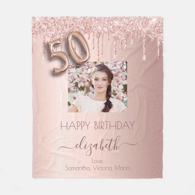 50th birthday photo rose gold glitter pink friends fleece blanket (Front)