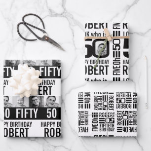 50th birthday photos mono black white wrapping paper sheet