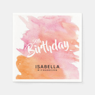 50th Birthday Pink and Orange Watercolor Paper Napkin