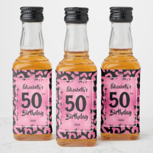 50th Birthday Pink Black Leopard Mini Liquor Bottle Label