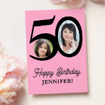 50th birthday pink black photo personalized card<br><div class="desc">Trendy bold typography 50 years woman birthday funny unique greeting card template with 2 photos and modern retro style script. Easy to personalize with your text and pictures on both sides. Digital download available.</div>