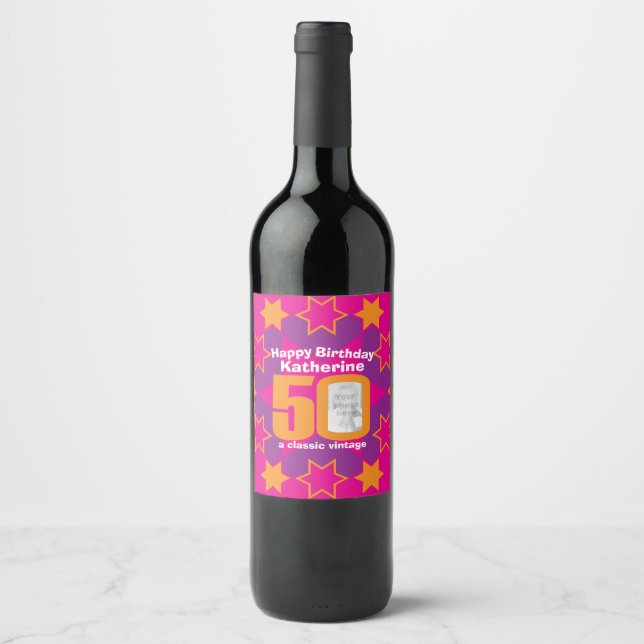 50th birthday pink custom photo name wine labels (Front)