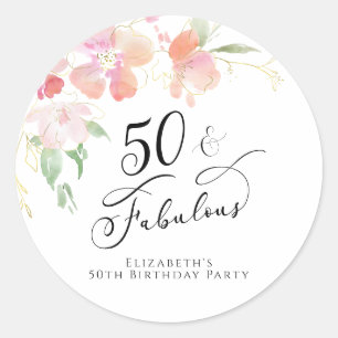 50th Birthday Pink Floral Watercolor Classic Round Sticker