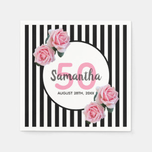 50th birthday pink flowers black stripes name napkin