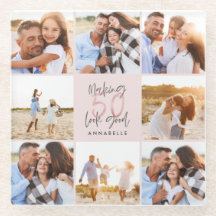 50th birthday pink girly glitter photo collage glass coaster