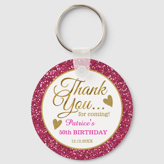 50th Birthday Pink Glitter And Gold Thank You Keychain (Front)