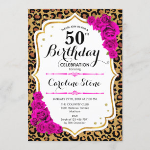 50th Birthday - Pink Gold Leopard Print Invitation