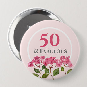 50th Birthday Pink Hydrangea Lacecaps Illustration 4 Inch Round Button