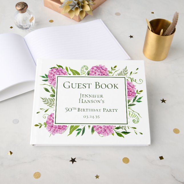 50th Birthday Pink Hydrangeas Guest Book (Front Open)