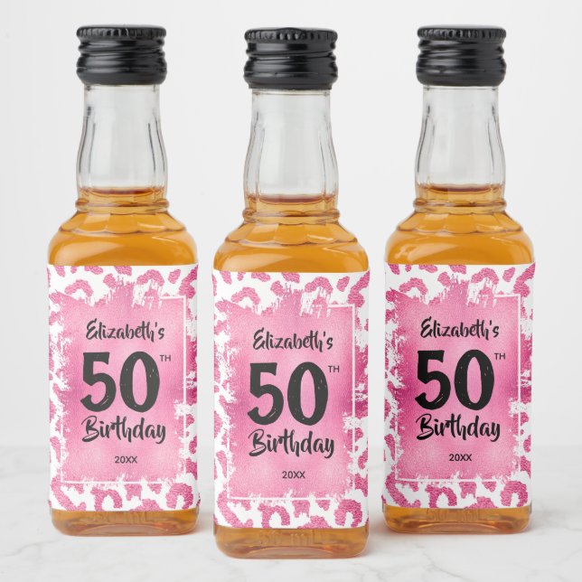 50th Birthday Pink Leopard Mini Liquor Bottle Label (Bottles)