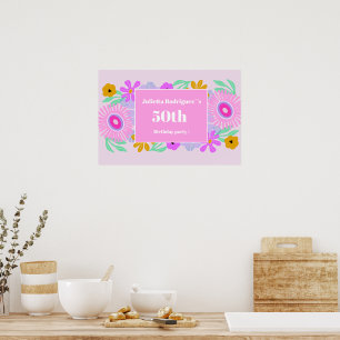 50th birthday pink modern cute floral chic name poster