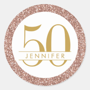 50th Birthday Pink Personalized Rose Gold Glitter Classic Round Sticker