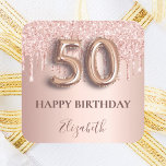 50th birthday pink rose gold drips square sticker<br><div class="desc">Elegant, classic, glamourous and girly for a 50th birthday party. Rose gold and blush pink, gradient background. Decorated with rose gold, pink drips, paint dripping look. Personalize and add a name. With the text: Happy Birthday. The text is written with a modern dark rose coloured hand lettered style script. Number...</div>