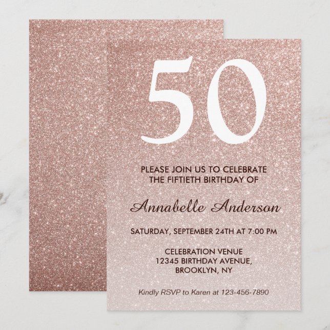 50th Birthday Pink Rose Gold Glitter Sparkle Ombre Invitation (Front/Back)