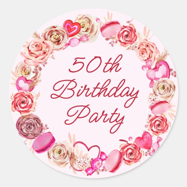 50th Birthday Pink Rose Swirly Heart Envelope Classic Round Sticker (Front)