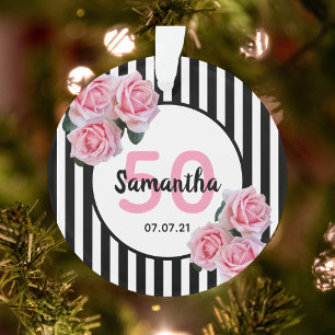 50th birthday pink roses black white stripes ornament