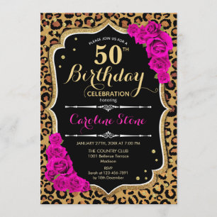 50th Birthday - Pink Roses Leopard Print Invitation