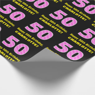 50th Birthday: Pink Stripes and Hearts "50" + Name Wrapping Paper