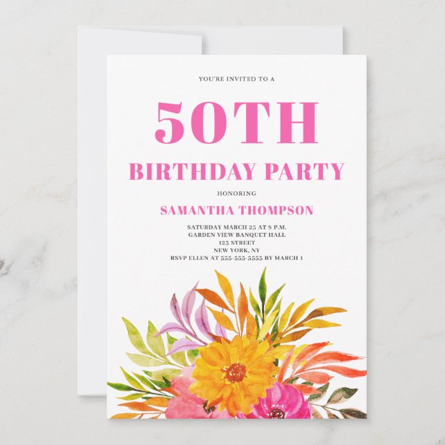50th Birthday Pink Tropical Floral Invitation (Front)
