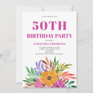 50th Birthday Pink Tropical Watercolor Floral Invitation