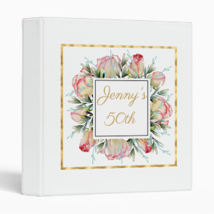 50th Birthday PinkWatercolor Roses Wreath Binder