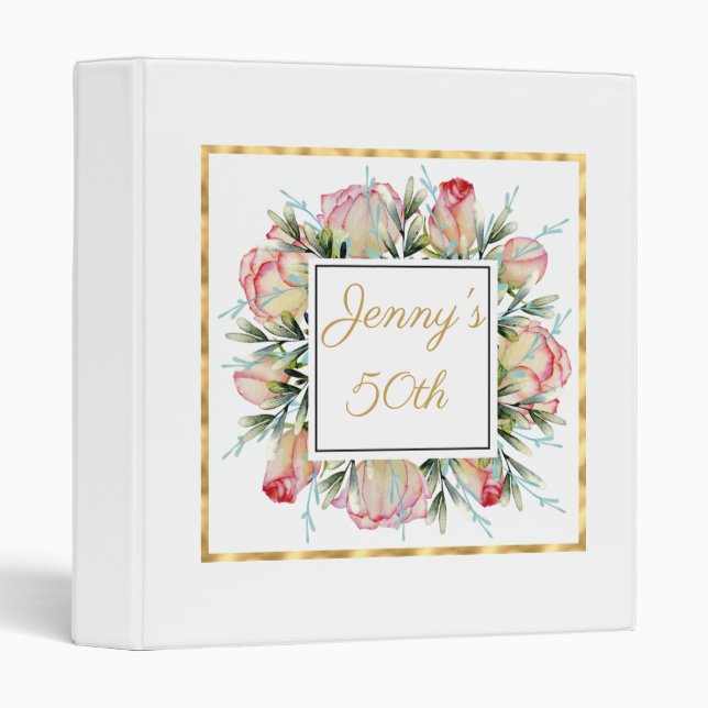 50th Birthday PinkWatercolor Roses Wreath Binder (Front/Spine)