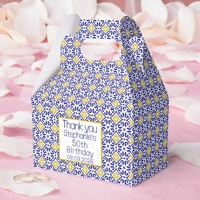 50th Birthday Portuguese Tiles Blue Mediterranean Favor Box (Wedding)