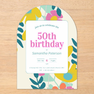 50th birthday pretty colourful floral modern acrylic invitations