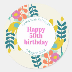 50th birthday pretty colourful floral modern classic round sticker