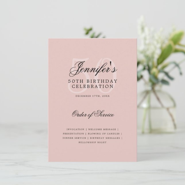 50th Birthday Program Blush Pink w/ Menu  (Standing Front)