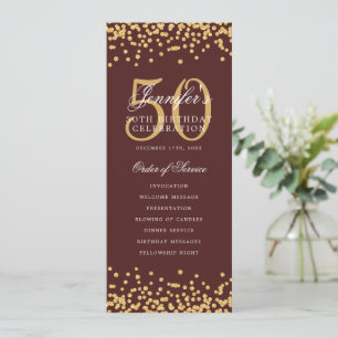 50th Birthday Program Gold Confetti Menu Burgundy 