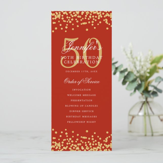 50th Birthday Program Gold Confetti Red  (Standing Front)