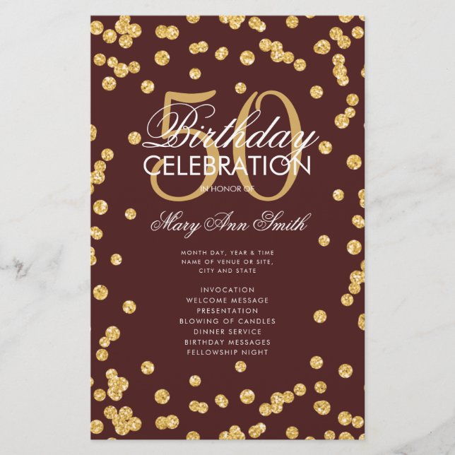 50th Birthday Program Gold Glitter Burgundy Menu (Front)