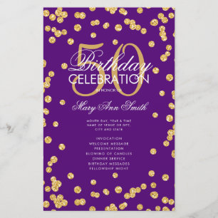 50th Birthday Program Gold Glitter w/ Menu Purple