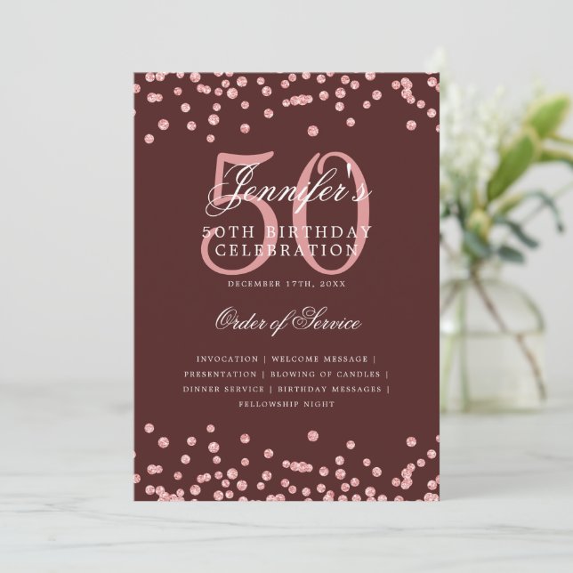 50th Birthday Program Menu Rose Gold Burgundy  (Standing Front)
